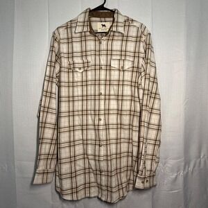 Wild‎ South Flannel Button Down Shirt L Cream Brown Plaid Cotton